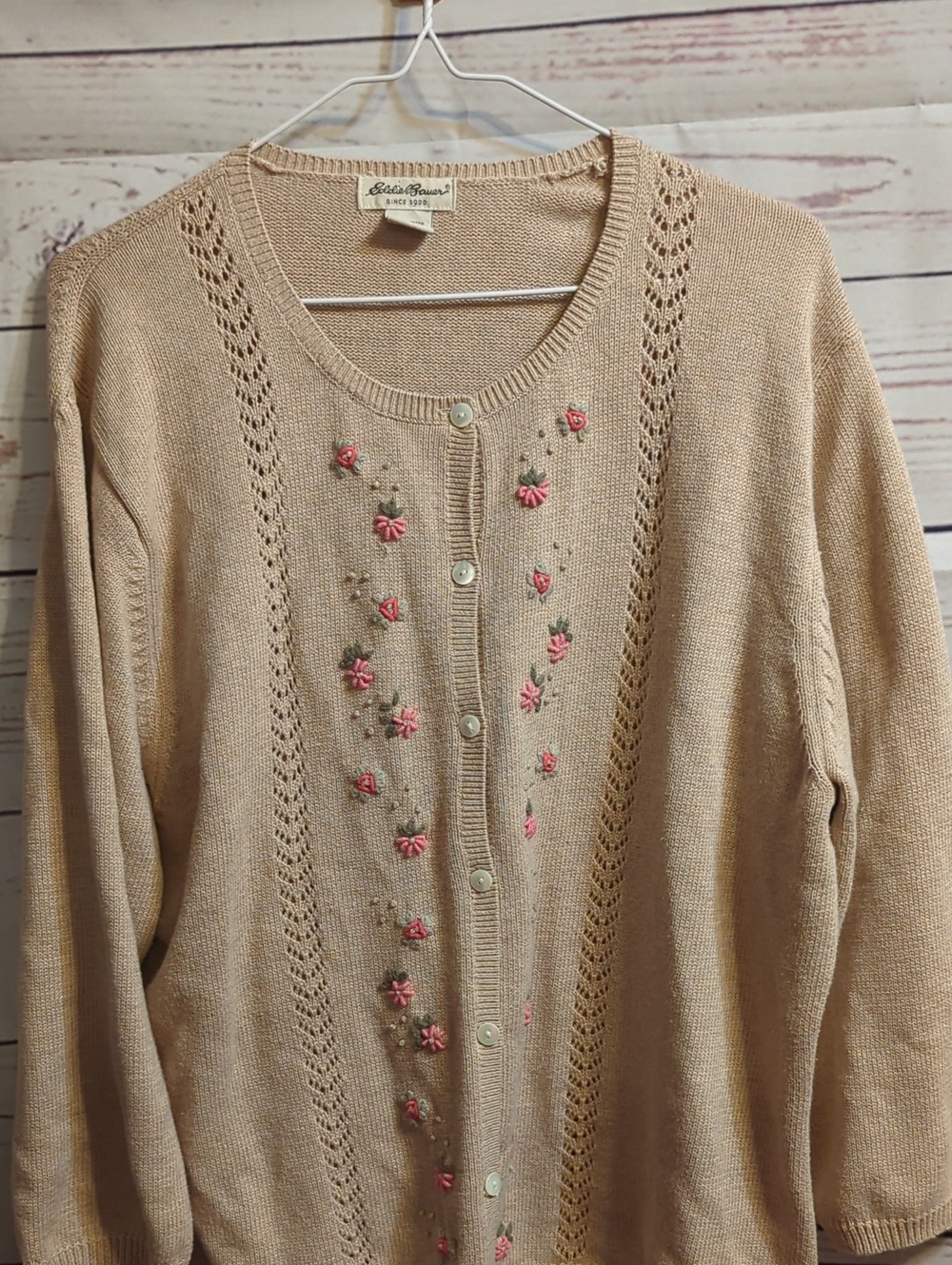 Eddie Bauer Cream Floral Embroidered Button-Front Sweater